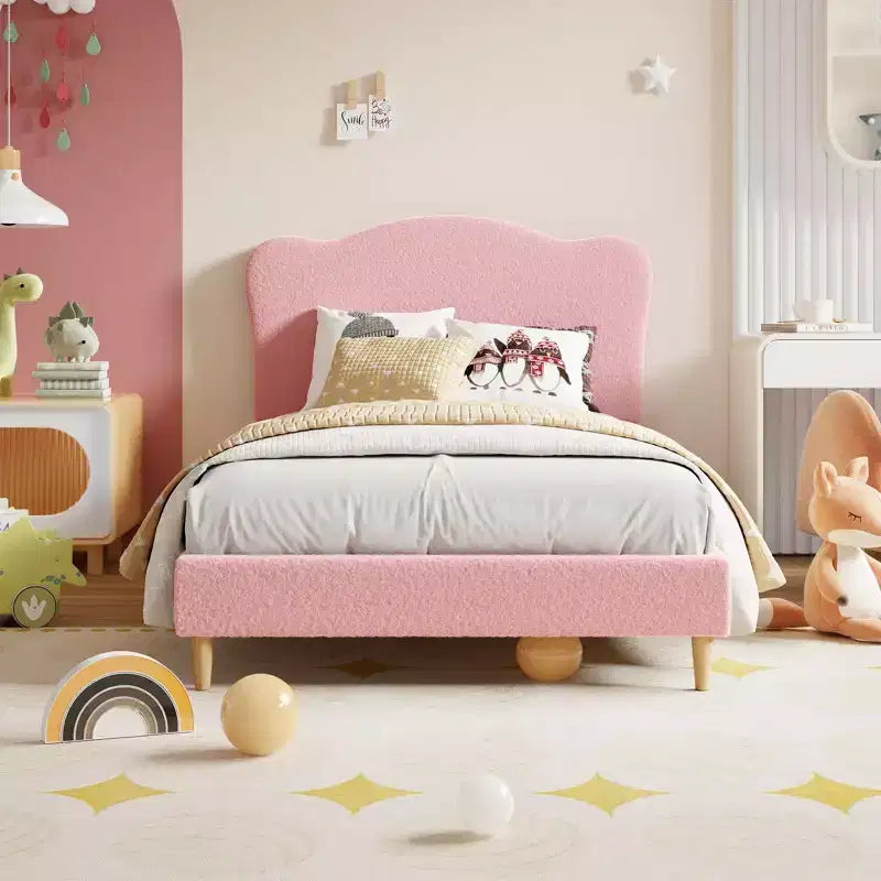 Upholstered Twin Size Bed Frame for Kids with Scallop Headboard, Cute Velvet Twin Bed for Girls, Boys, Sturdy Platform Bed, Pink