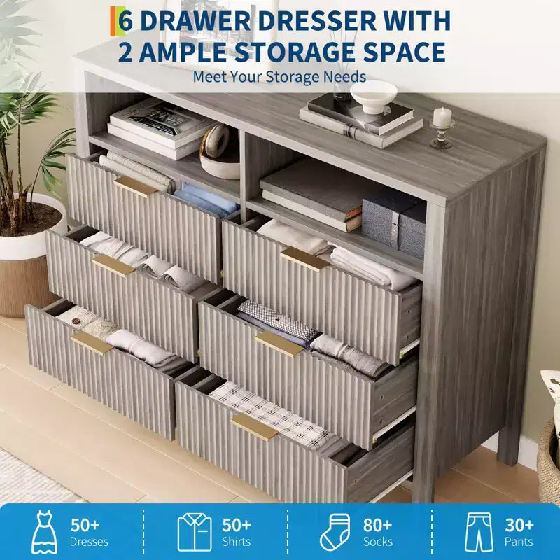 Fluted 6 Drawer Dresser for Bedroom, Tall Wide Chest of Drawers with Storage Organizer, Mid Century Modern Closet Drawer TV Stand for Living Room