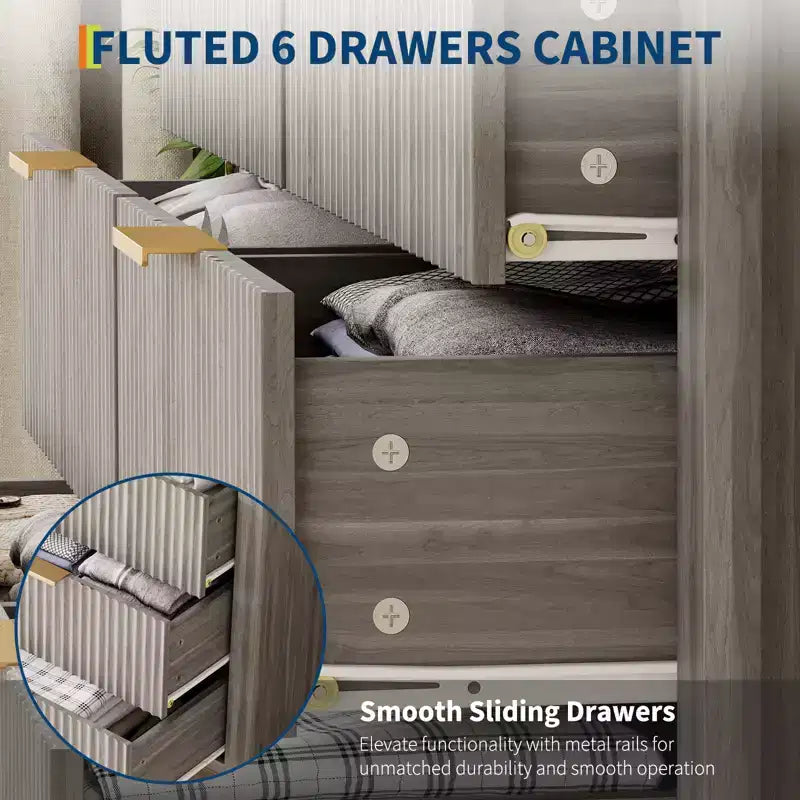 Fluted 6 Drawer Dresser for Bedroom, Tall Wide Chest of Drawers with Storage Organizer, Mid Century Modern Closet Drawer TV Stand for Living Room