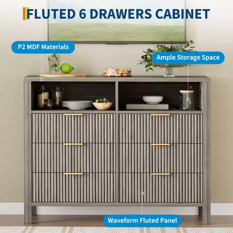 Fluted 6 Drawer Dresser for Bedroom, Tall Wide Chest of Drawers with Storage Organizer, Mid Century Modern Closet Drawer TV Stand for Living Room