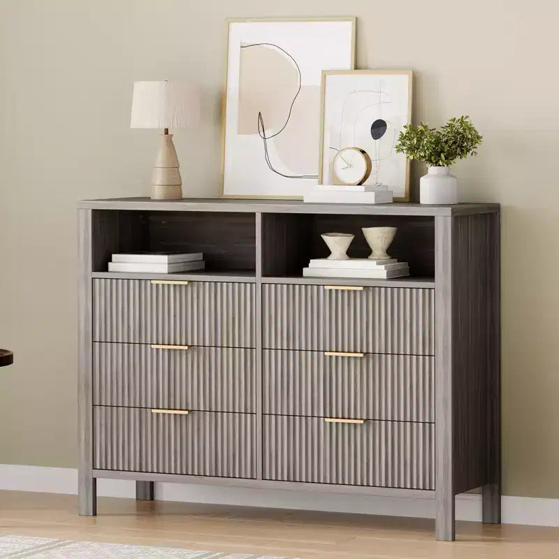 Fluted 6 Drawer Dresser for Bedroom, Tall Wide Chest of Drawers with Storage Organizer, Mid Century Modern Closet Drawer TV Stand for Living Room