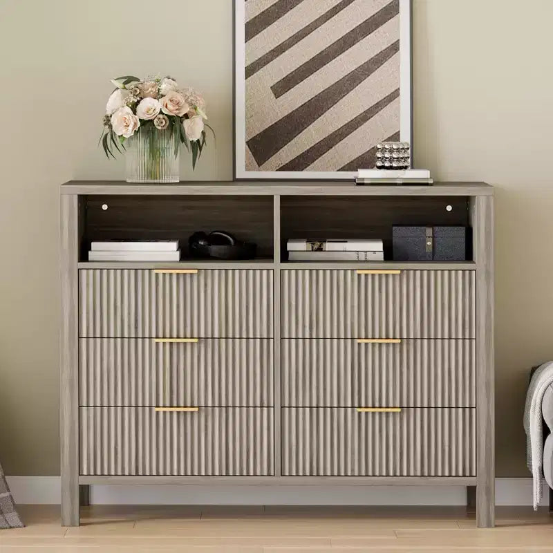 Fluted 6 Drawer Dresser for Bedroom, Tall Wide Chest of Drawers with Storage Organizer, Mid Century Modern Closet Drawer TV Stand for Living Room