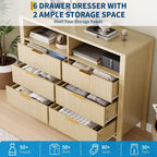 Fluted 6 Drawer Dresser for Bedroom, Tall Wide Chest of Drawers with Storage Organizer, Mid Century Modern Closet Drawer TV Stand for Living Room