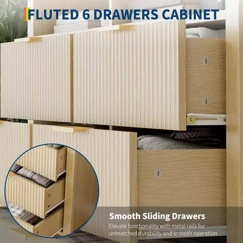 Fluted 6 Drawer Dresser for Bedroom, Tall Wide Chest of Drawers with Storage Organizer, Mid Century Modern Closet Drawer TV Stand for Living Room