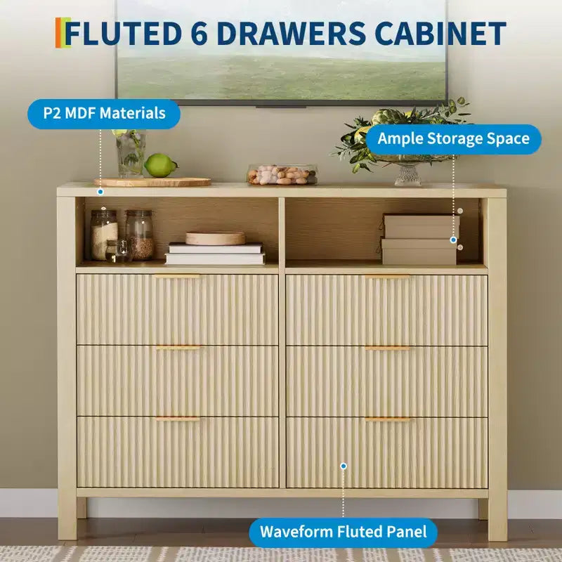 Fluted 6 Drawer Dresser for Bedroom, Tall Wide Chest of Drawers with Storage Organizer, Mid Century Modern Closet Drawer TV Stand for Living Room