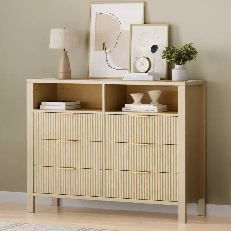 Fluted 6 Drawer Dresser for Bedroom, Tall Wide Chest of Drawers with Storage Organizer, Mid Century Modern Closet Drawer TV Stand for Living Room