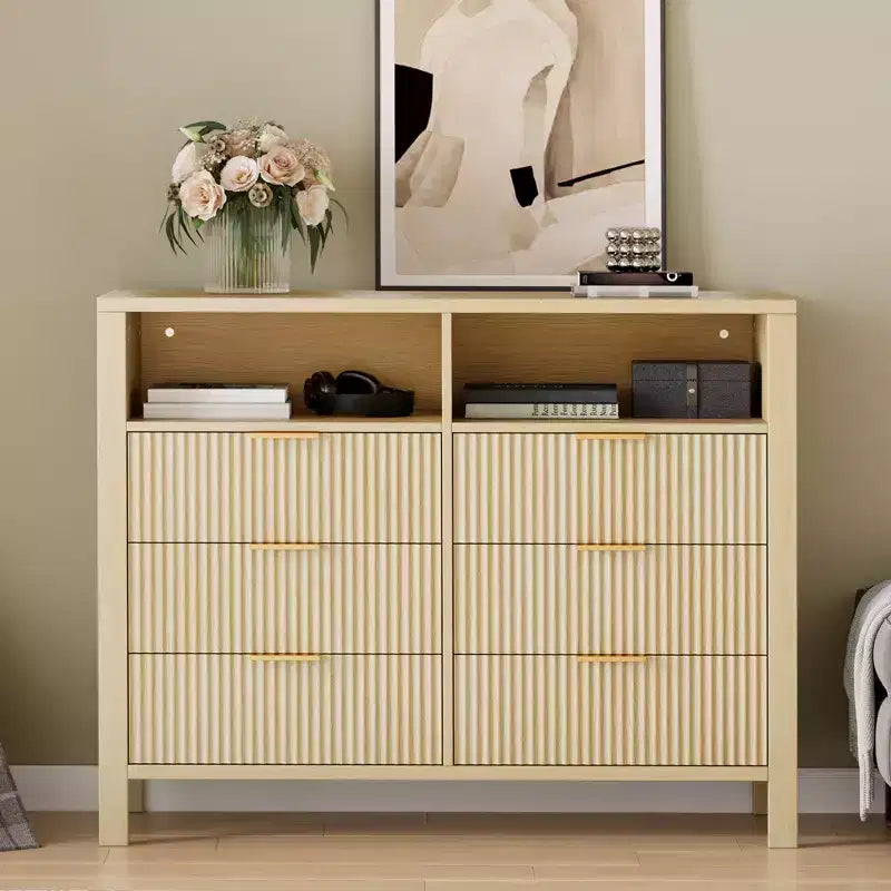 Fluted 6 Drawer Dresser for Bedroom, Tall Wide Chest of Drawers with Storage Organizer, Mid Century Modern Closet Drawer TV Stand for Living Room
