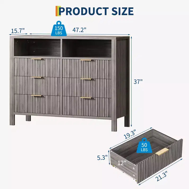 Fluted 6 Drawer Dresser for Bedroom, Tall Wide Chest of Drawers with Storage Organizer, Mid Century Modern Closet Drawer TV Stand for Living Room