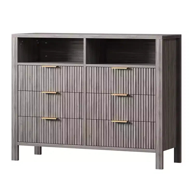 Fluted 6 Drawer Dresser for Bedroom, Tall Wide Chest of Drawers with Storage Organizer, Mid Century Modern Closet Drawer TV Stand for Living Room
