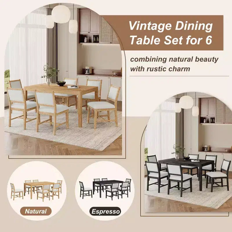 Whisen Mid-Century 7-Piece Dining Table Set for 6, Wood Table & Comfy Upholstered Chairs