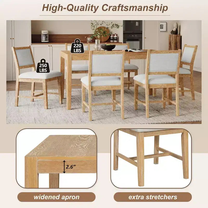 Whisen Mid-Century 7-Piece Dining Table Set for 6, Wood Table & Comfy Upholstered Chairs
