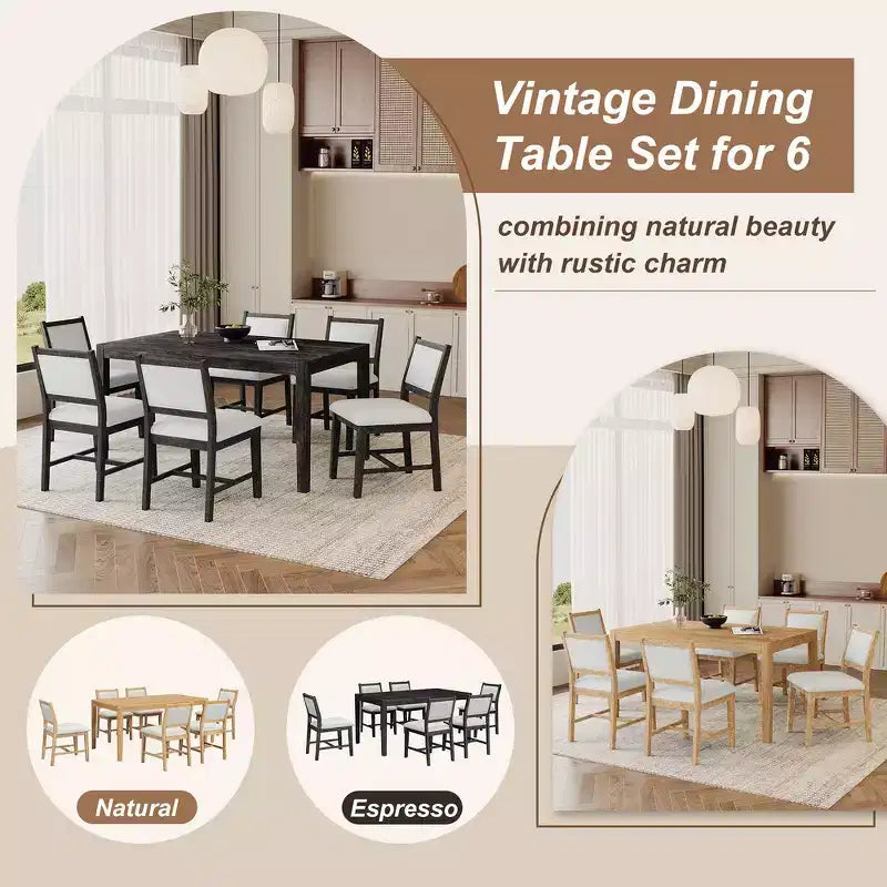 Whisen Mid-Century 7-Piece Dining Table Set for 6, Wood Table & Comfy Upholstered Chairs