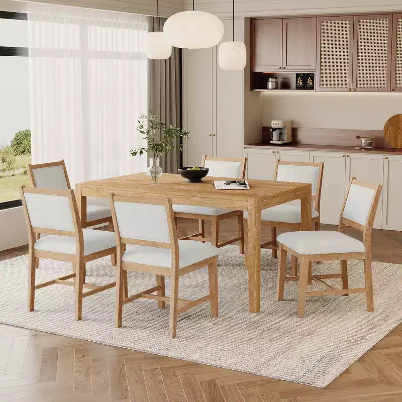 Whisen Mid-Century 7-Piece Dining Table Set for 6, Wood Table & Comfy Upholstered Chairs