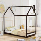 Twin Size/Full Size Platform Bed, Wooden Floor Bed, House-Shaped Bed Frame with Roof for Teens Boys Girls Bedroom Furniture (Slats Not Included)