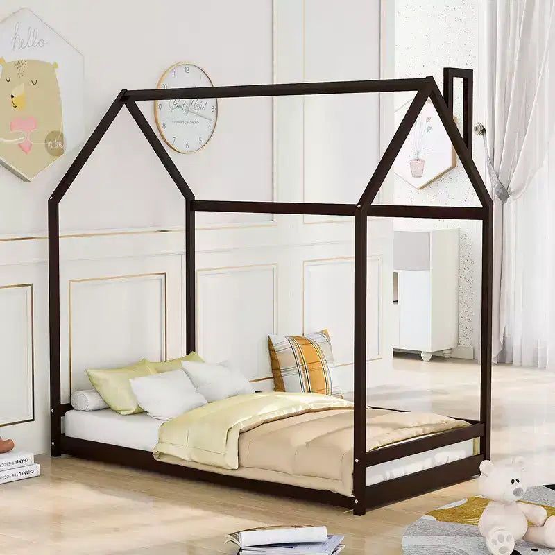 Twin Size/Full Size Platform Bed, Wooden Floor Bed, House-Shaped Bed Frame with Roof for Teens Boys Girls Bedroom Furniture (Slats Not Included)