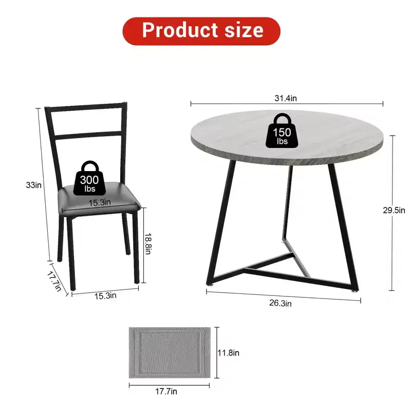 2-Person Round Dining Set - Space-Saving Table & Upholstered Chairs, Modern Kitchen Set for Small Spaces