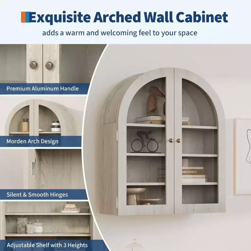 Small Arched Wall Cabinet with Glass Doors, 24 Wall-Mounted Storage Cabinet with Adjustable Shelf, for Kitchen, Bathroom, Laundry Room