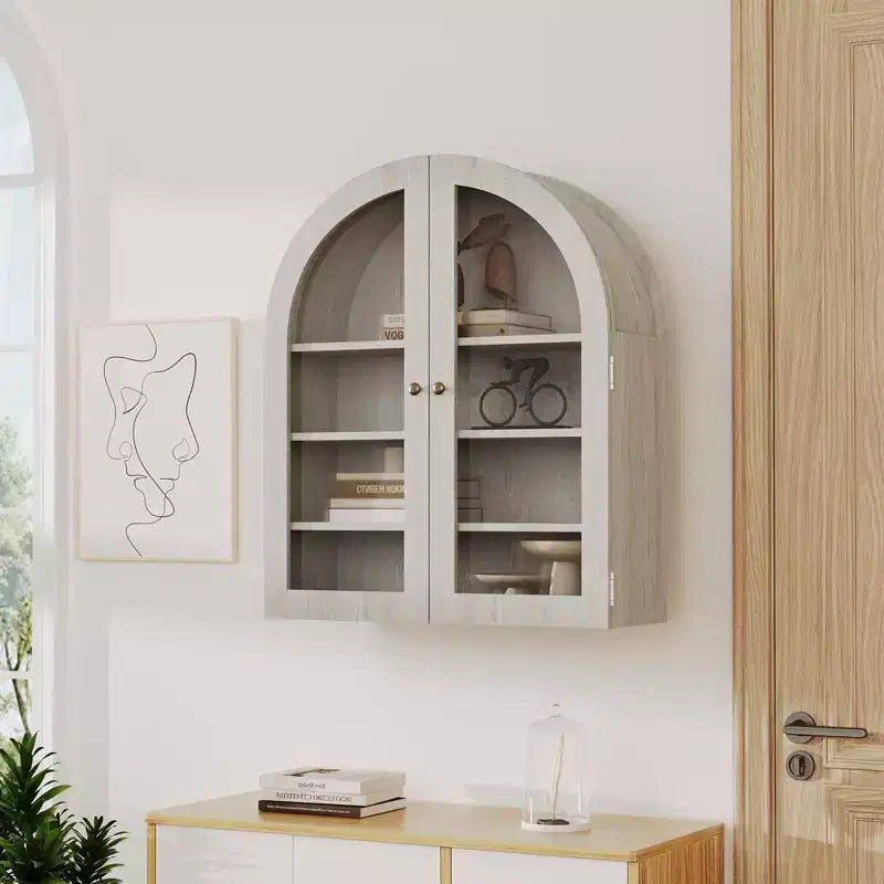 Small Arched Wall Cabinet with Glass Doors, 24 Wall-Mounted Storage Cabinet with Adjustable Shelf, for Kitchen, Bathroom, Laundry Room