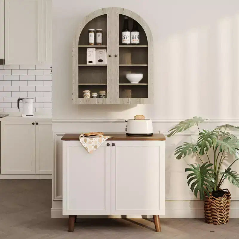 Small Arched Wall Cabinet with Glass Doors, 24 Wall-Mounted Storage Cabinet with Adjustable Shelf, for Kitchen, Bathroom, Laundry Room