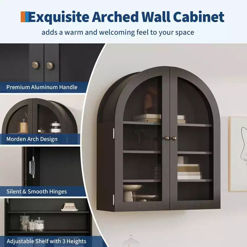 Small Arched Wall Cabinet with Glass Doors, 24 Wall-Mounted Storage Cabinet with Adjustable Shelf, for Kitchen, Bathroom, Laundry Room