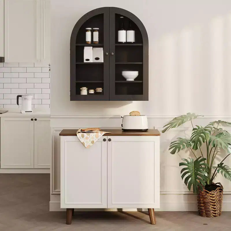 Small Arched Wall Cabinet with Glass Doors, 24 Wall-Mounted Storage Cabinet with Adjustable Shelf, for Kitchen, Bathroom, Laundry Room