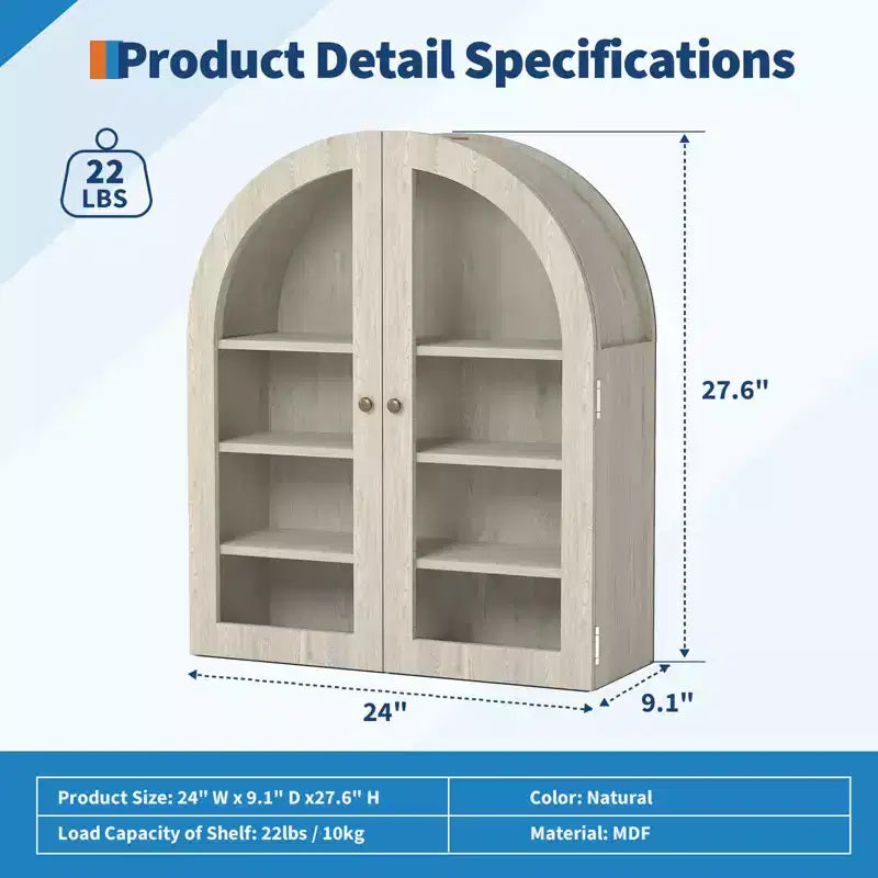 Small Arched Wall Cabinet with Glass Doors, 24 Wall-Mounted Storage Cabinet with Adjustable Shelf, for Kitchen, Bathroom, Laundry Room