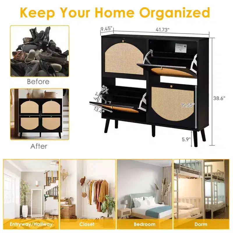 Karl Home 4 Flip Drawers Black Particle Board 41.34in. W Shoe Cabinets