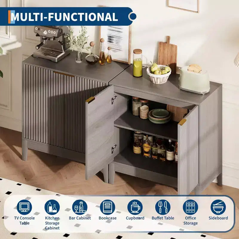 31.5 Inch Fluted Sideboard Buffet Cabinet with Doors and Adjustable Shelf, Modern Wooden Coffee Bar for Living Room Dining Room Kitchen Entryway