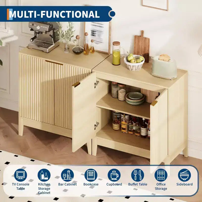 31.5 Inch Fluted Sideboard Buffet Cabinet with Doors and Adjustable Shelf, Modern Wooden Coffee Bar for Living Room Dining Room Kitchen Entryway