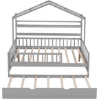 Acekool Full Size House Bed Frame for Kids with Storage Drawers, Safety Rails, Roof Design, Playhouse Bed, White