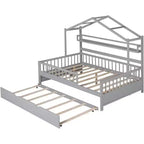 Acekool Full Size House Bed Frame for Kids with Storage Drawers, Safety Rails, Roof Design, Playhouse Bed, White