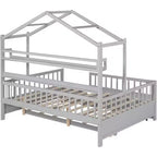 Acekool Full Size House Bed Frame for Kids with Storage Drawers, Safety Rails, Roof Design, Playhouse Bed, White