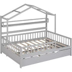 Acekool Full Size House Bed Frame for Kids with Storage Drawers, Safety Rails, Roof Design, Playhouse Bed, White