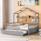 Acekool Full Size House Bed Frame for Kids with Storage Drawers, Safety Rails, Roof Design, Playhouse Bed, White