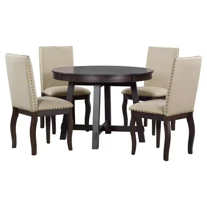 5 Piece Farmhouse Dining Table Set, Wood Round Extendable Dining Table and 4 Upholstered Chairs