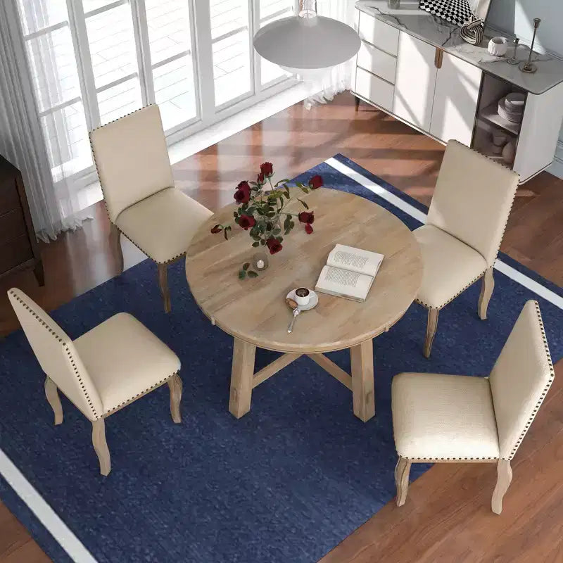 5 Piece Farmhouse Dining Table Set, Wood Round Extendable Dining Table and 4 Upholstered Chairs