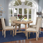 5 Piece Farmhouse Dining Table Set, Wood Round Extendable Dining Table and 4 Upholstered Chairs