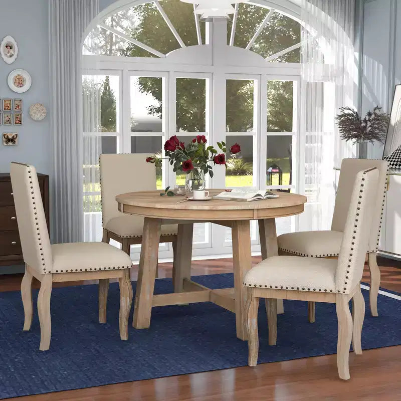 5 Piece Farmhouse Dining Table Set, Wood Round Extendable Dining Table and 4 Upholstered Chairs