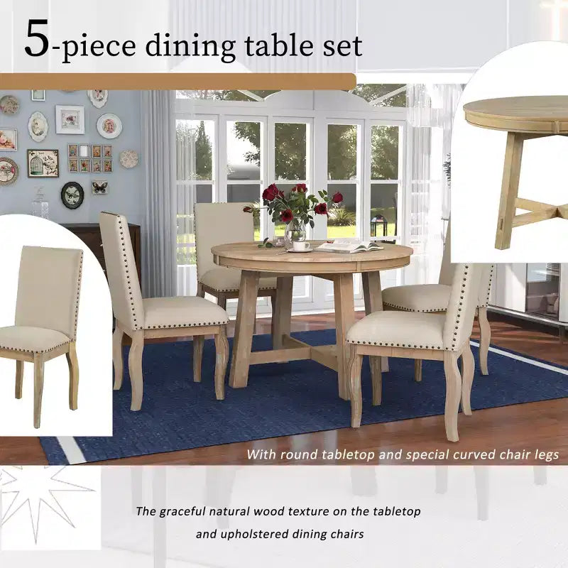 5 Piece Farmhouse Dining Table Set, Wood Round Extendable Dining Table and 4 Upholstered Chairs