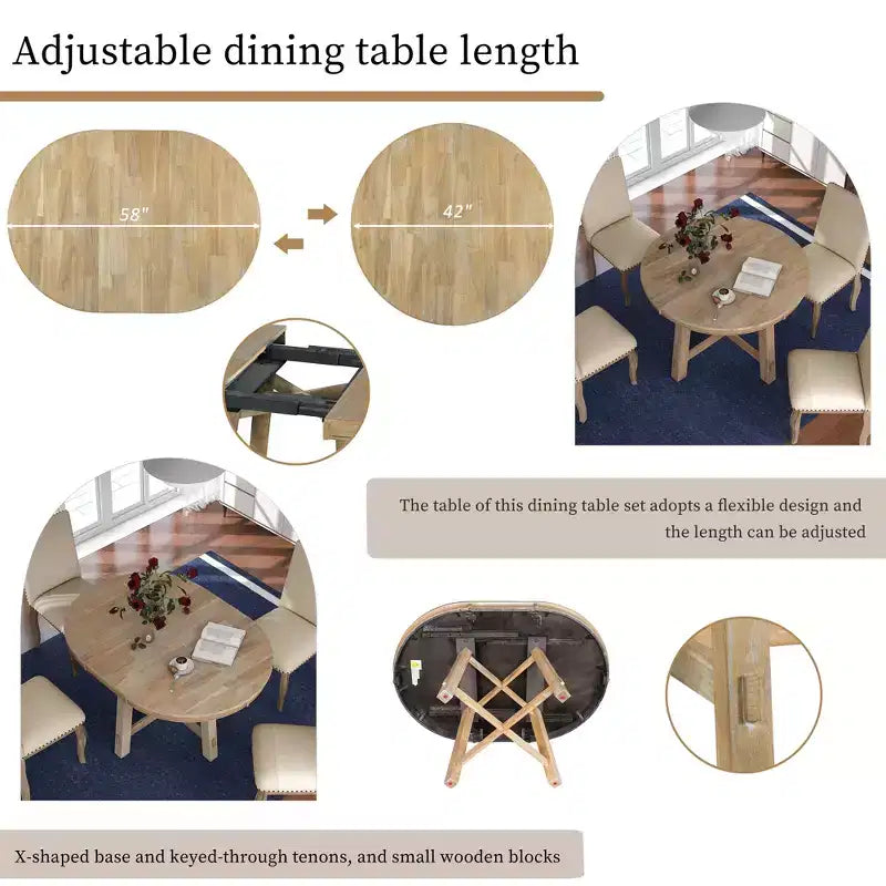5 Piece Farmhouse Dining Table Set, Wood Round Extendable Dining Table and 4 Upholstered Chairs