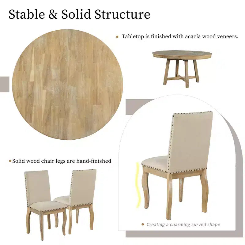 5 Piece Farmhouse Dining Table Set, Wood Round Extendable Dining Table and 4 Upholstered Chairs