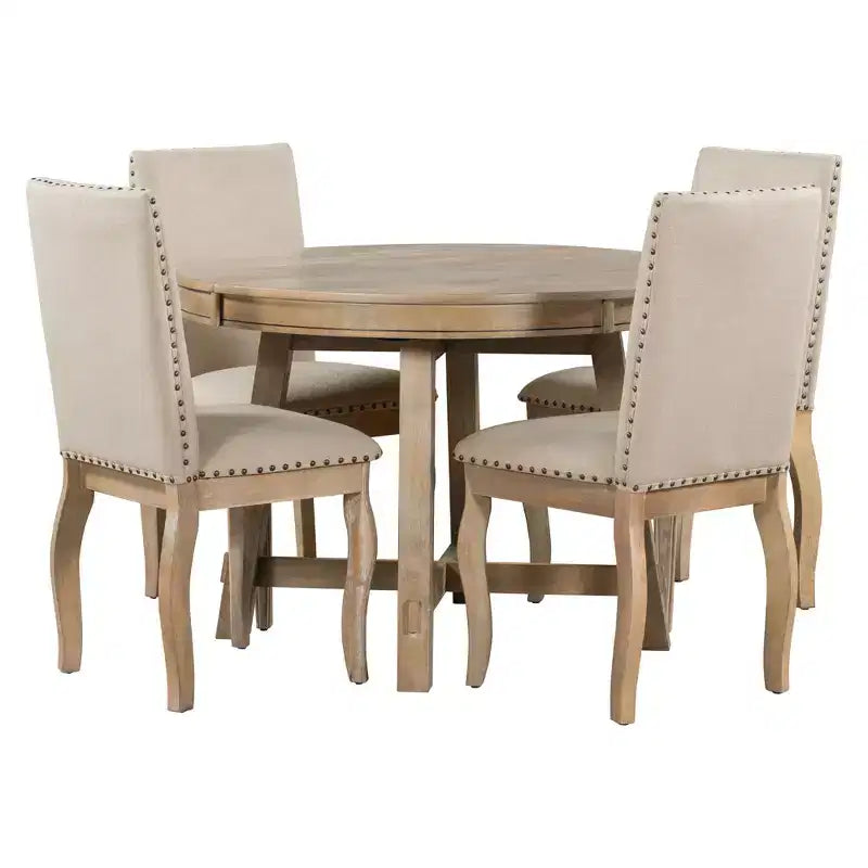 5 Piece Farmhouse Dining Table Set, Wood Round Extendable Dining Table and 4 Upholstered Chairs