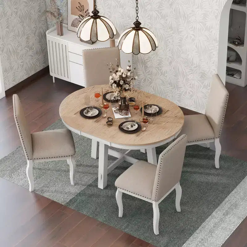 5 Piece Farmhouse Dining Table Set, Wood Round Extendable Dining Table and 4 Upholstered Chairs