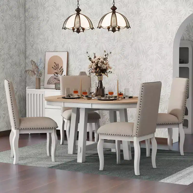 5 Piece Farmhouse Dining Table Set, Wood Round Extendable Dining Table and 4 Upholstered Chairs