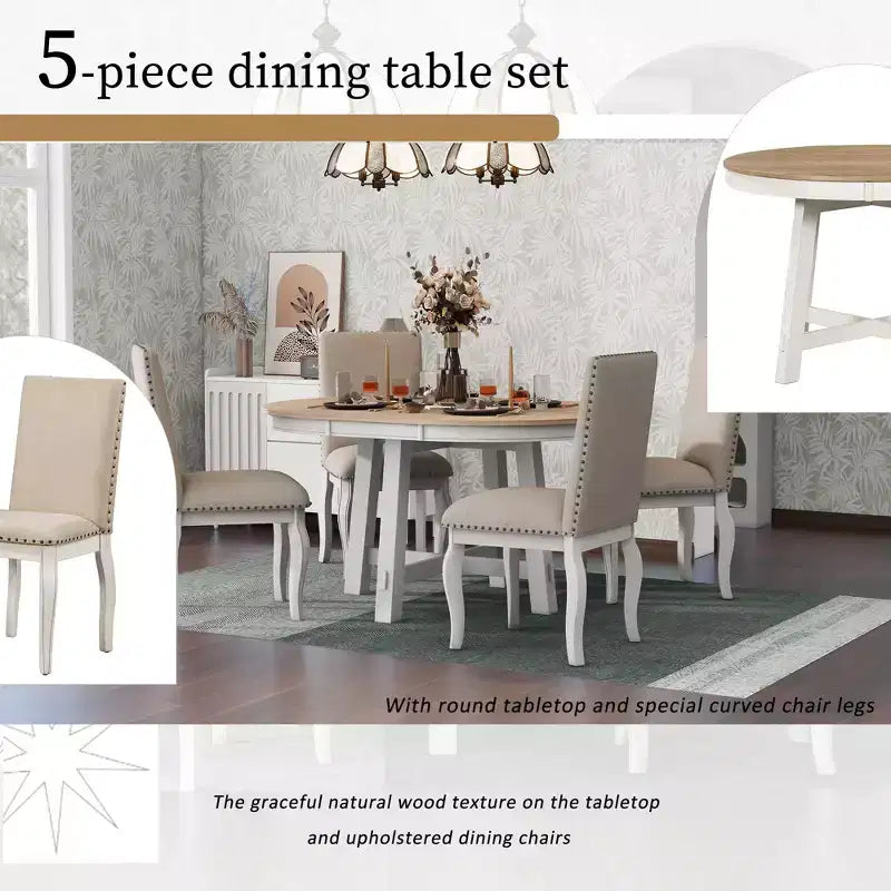 5 Piece Farmhouse Dining Table Set, Wood Round Extendable Dining Table and 4 Upholstered Chairs