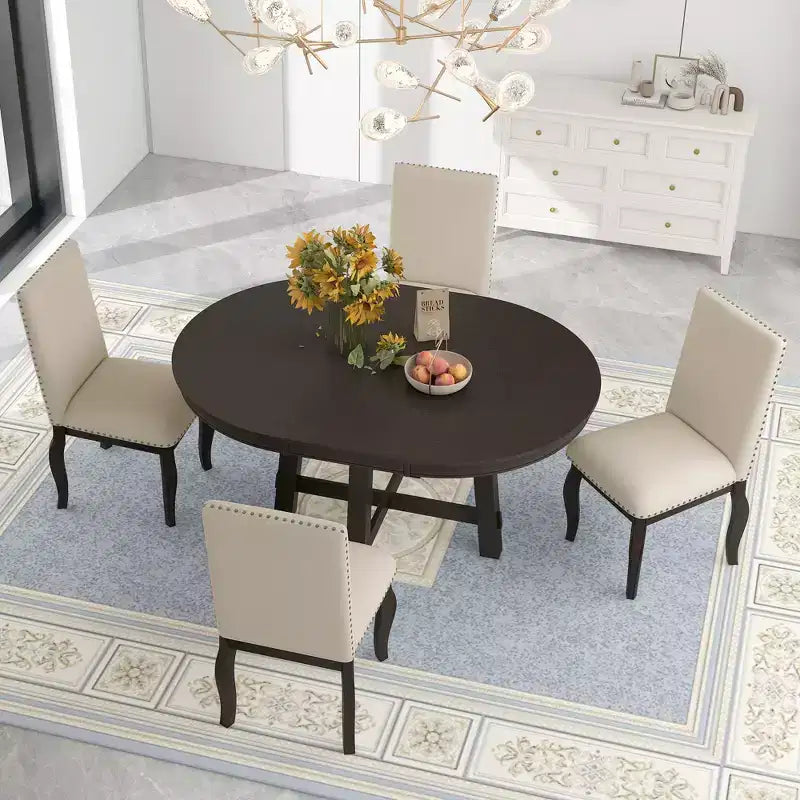 5 Piece Farmhouse Dining Table Set, Wood Round Extendable Dining Table and 4 Upholstered Chairs