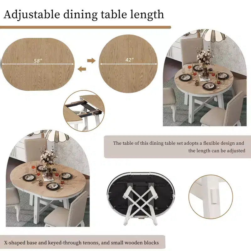 5 Piece Farmhouse Dining Table Set, Wood Round Extendable Dining Table and 4 Upholstered Chairs