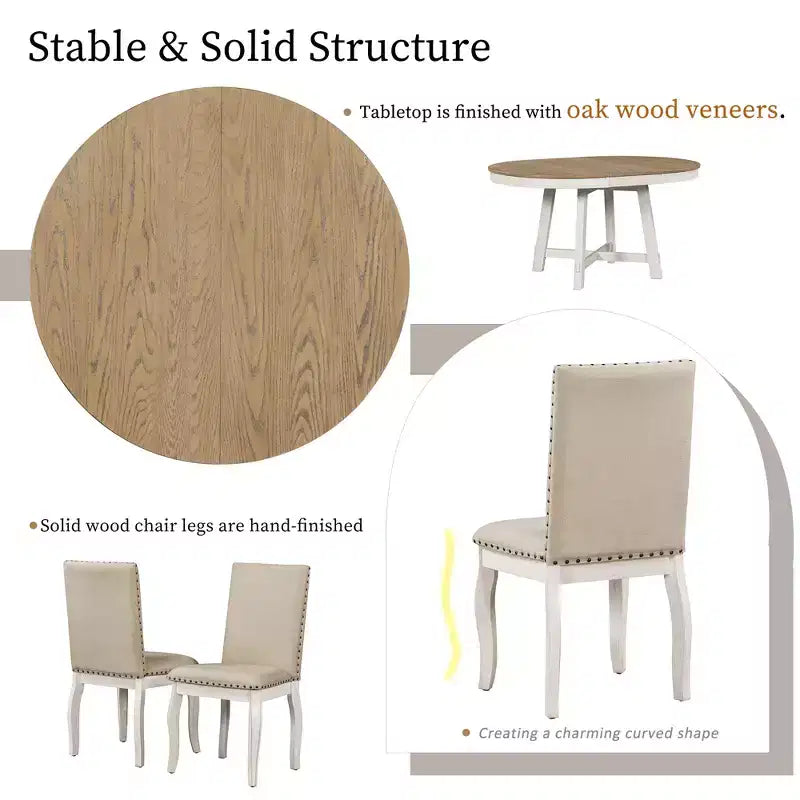 5 Piece Farmhouse Dining Table Set, Wood Round Extendable Dining Table and 4 Upholstered Chairs
