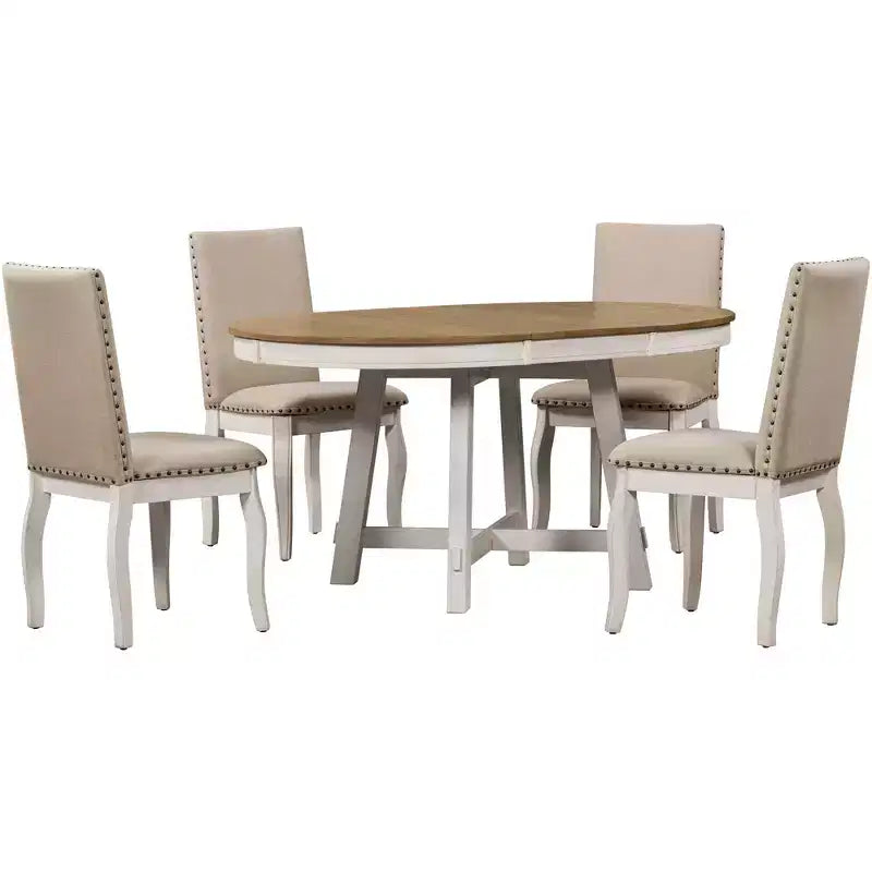 5 Piece Farmhouse Dining Table Set, Wood Round Extendable Dining Table and 4 Upholstered Chairs