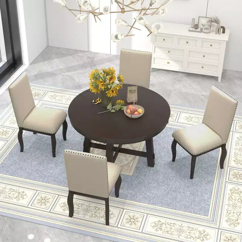 5 Piece Farmhouse Dining Table Set, Wood Round Extendable Dining Table and 4 Upholstered Chairs